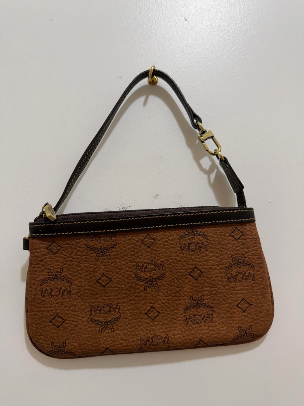 MCM Brown Monogram Leather Wristlet with Gold Hardware